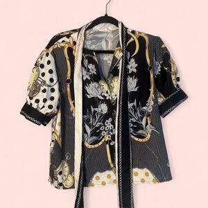 Floral and Polka Dot Blouse with Sewn-In Scarf